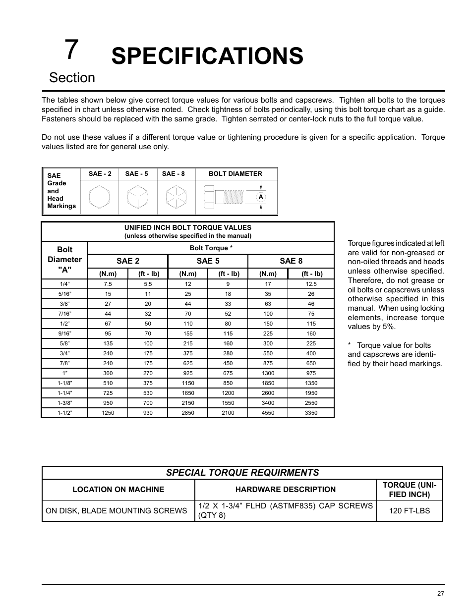 Specifications, Special torque requirments | Echo 74624S Owners Manual v.2 User Manual | Page 29 / 32