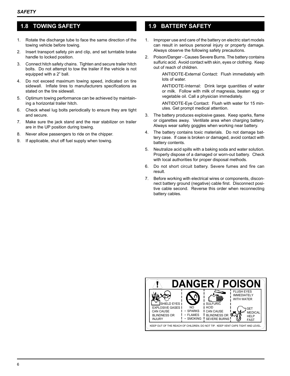 Danger / poison, 8 towing safety, 9 battery safety | Echo 74624S Owners Manual v.2 User Manual | Page 8 / 32
