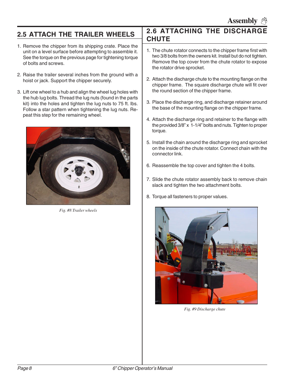 Assembly, 5 attach the trailer wheels, 6 attaching the discharge chute | Echo 74624S Owners Manual v.1 User Manual | Page 14 / 36