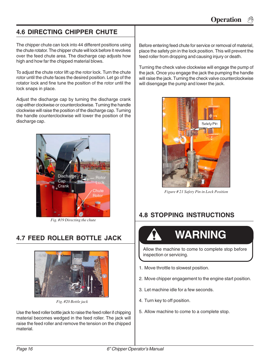 Warning, Operation, 6 directing chipper chute | 7 feed roller bottle jack, 8 stopping instructions | Echo 74624S Owners Manual v.1 User Manual | Page 22 / 36