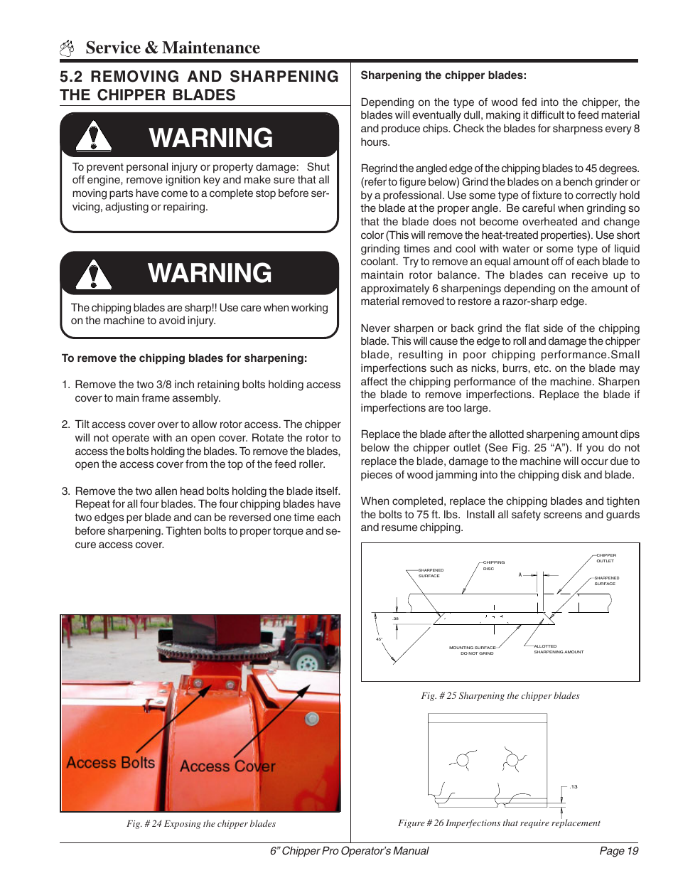 Warning, Service & maintenance, 2 removing and sharpening the chipper blades | Echo 74624S Owners Manual v.1 User Manual | Page 25 / 36