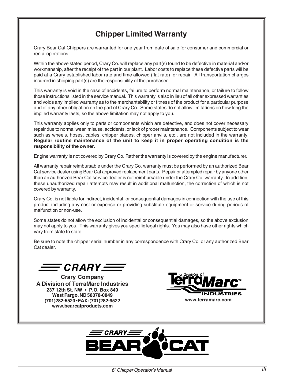 Chipper limited warranty | Echo 74624S Owners Manual v.1 User Manual | Page 6 / 36