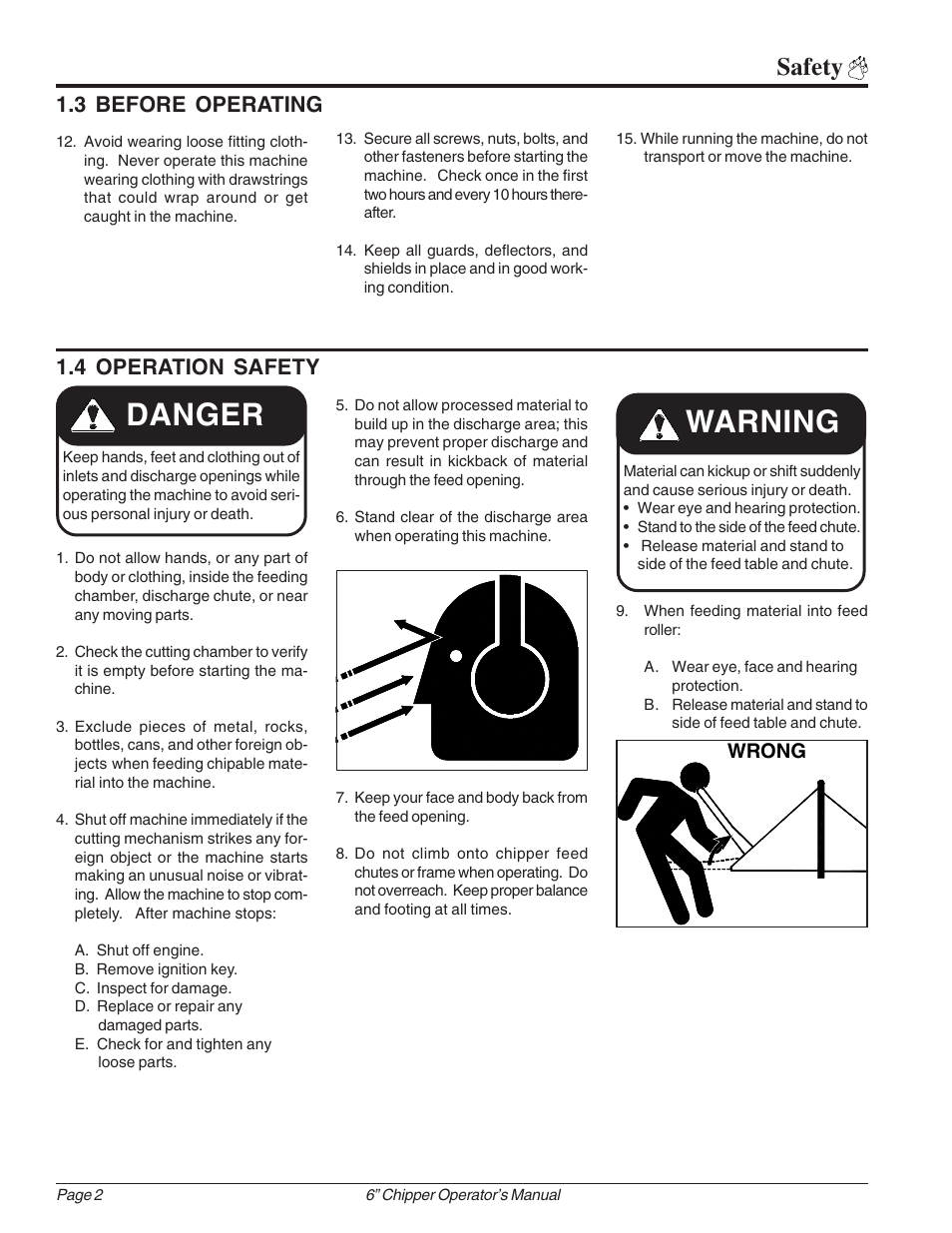 Danger, Warning, Safety | 3 before operating 1.4 operation safety, Wrong | Echo 74624S Owners Manual v.1 User Manual | Page 8 / 36