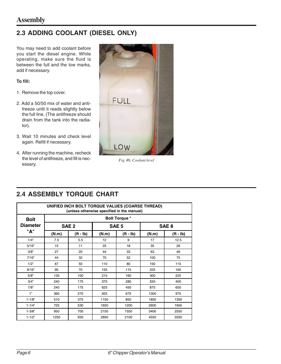 Assembly, 3 adding coolant (diesel only), 4 assembly torque chart | Sae 2 bolt diameter "a" sae 5 sae 8 | Echo 74624 Owners Manual v.1 User Manual | Page 12 / 32