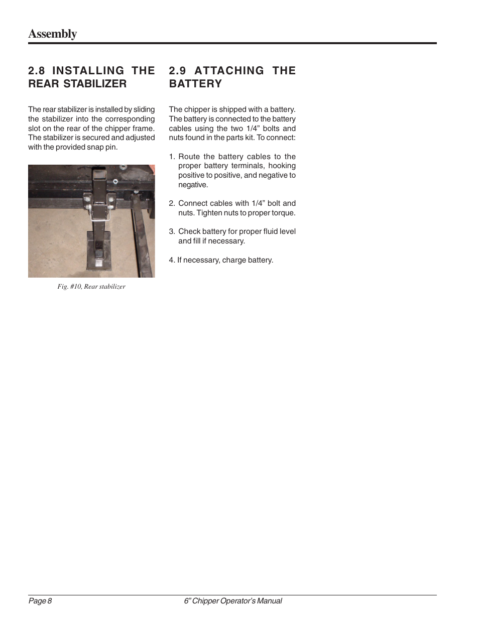 Assembly, 9 attaching the battery, 8 installing the rear stabilizer | Echo 74624 Owners Manual v.1 User Manual | Page 14 / 32