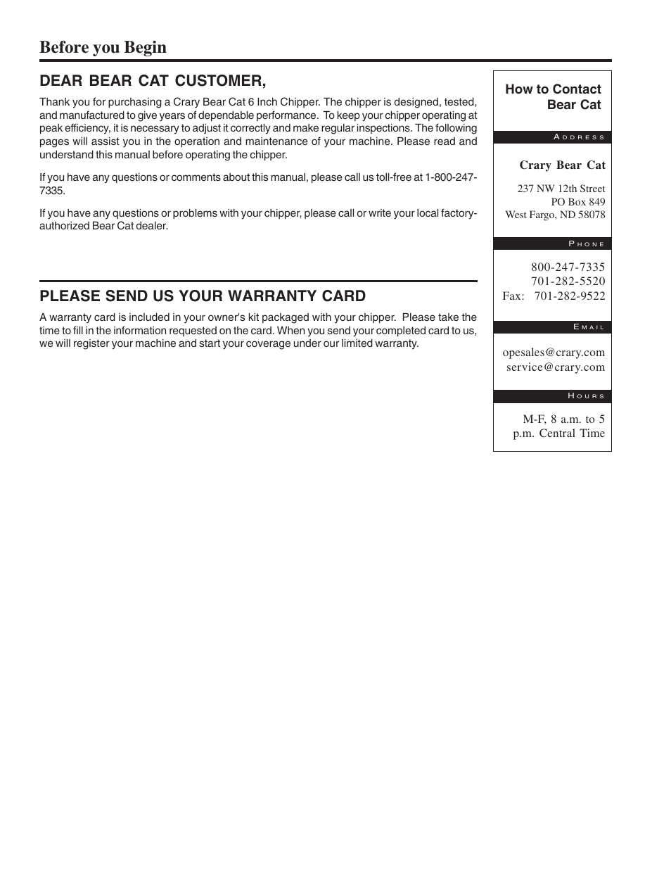 Before you begin, Dear bear cat customer, Please send us your warranty card | Echo 74624 Owners Manual v.1 User Manual | Page 2 / 32