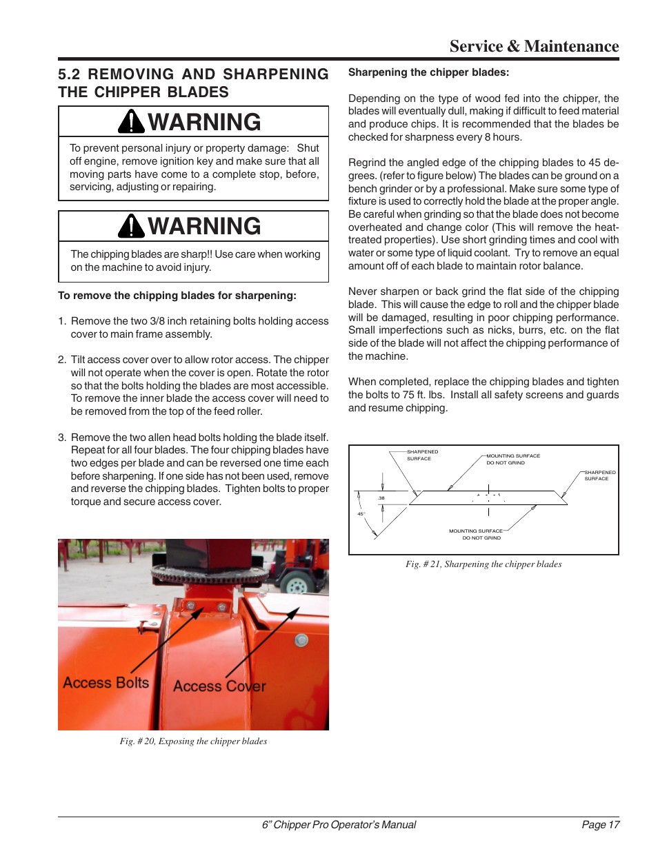 Warning, Service & maintenance, 2 removing and sharpening the chipper blades | Echo 74624 Owners Manual v.1 User Manual | Page 23 / 32