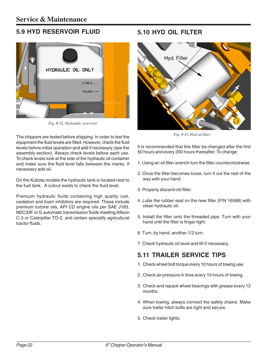 Service & maintenance, 9 hyd reservoir fluid 5.10 hyd oil filter, 11 trailer service tips | Echo 74624 Owners Manual v.1 User Manual | Page 28 / 32
