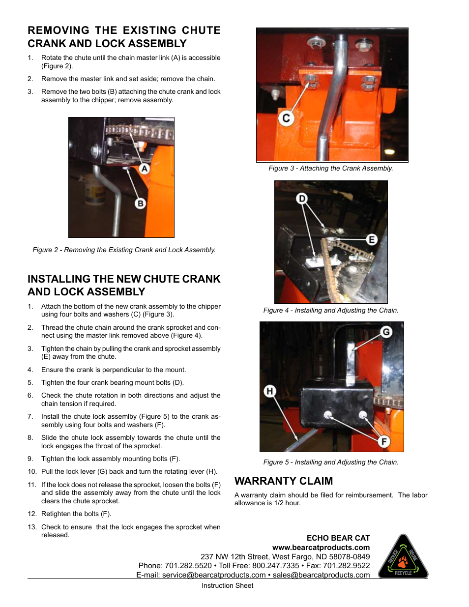 Installing the new chute crank and lock assembly, Warranty claim | Echo 74624 Instruction v.2 User Manual | Page 2 / 2