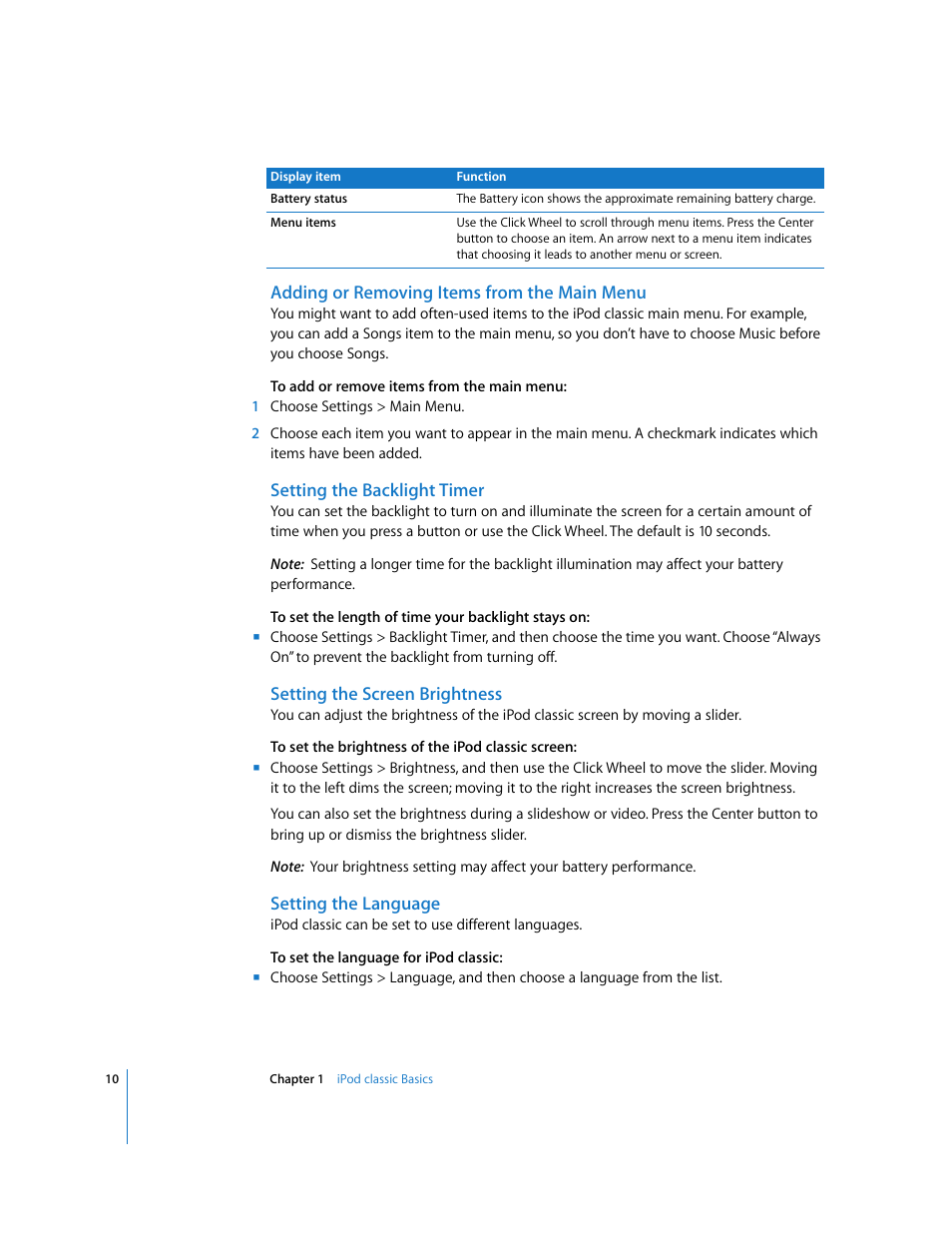 Adding or removing items from the main menu, Setting the backlight timer, Setting the screen brightness | Setting the language | Apple iPod Classic User Manual | Page 10 / 76