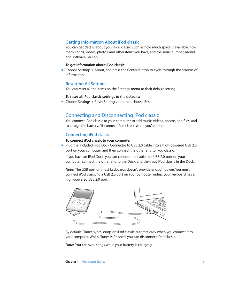 Getting information about ipodclassic, Resetting all settings, Connecting and disconnecting ipodclassic | Connecting ipodclassic, Connecting and disconnecting ipod classic | Apple iPod Classic User Manual | Page 11 / 76