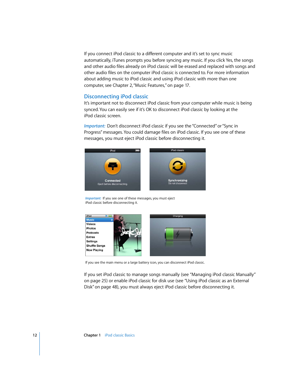 Disconnecting ipodclassic, Disconnecting ipod classic | Apple iPod Classic User Manual | Page 12 / 76