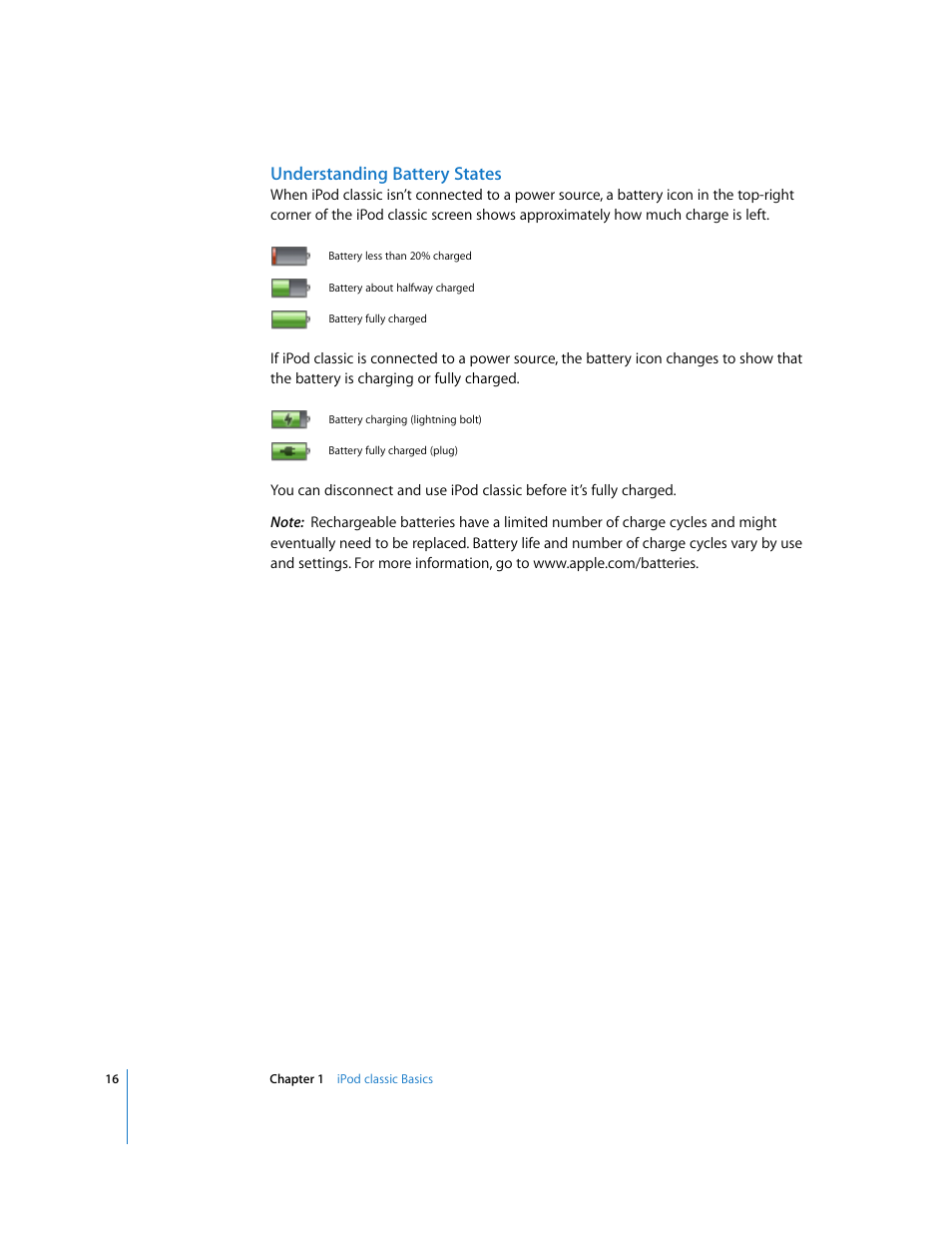 Understanding battery states | Apple iPod Classic User Manual | Page 16 / 76