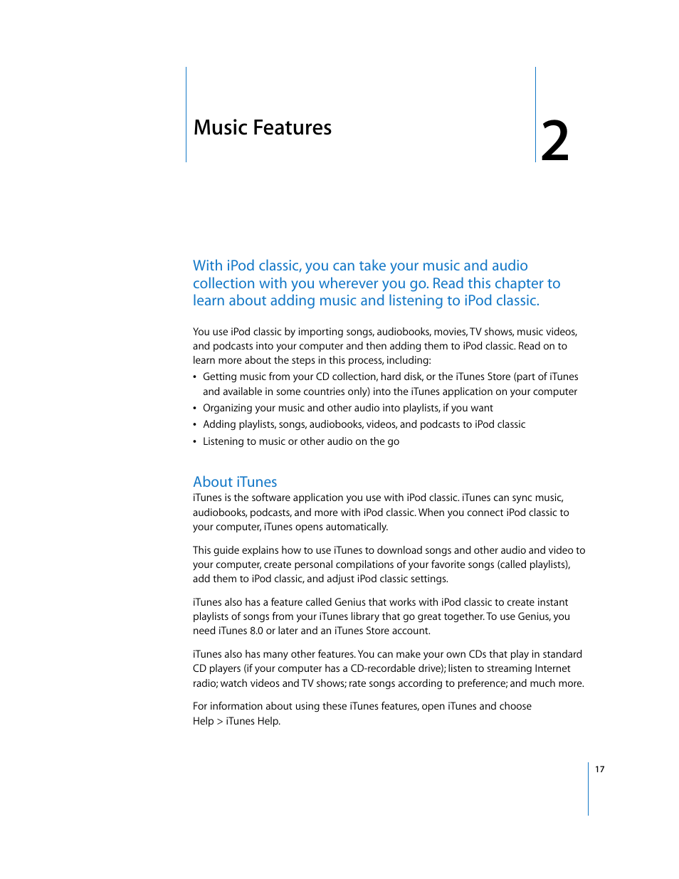 Music features, About itunes, Chapter 2 | Apple iPod Classic User Manual | Page 17 / 76