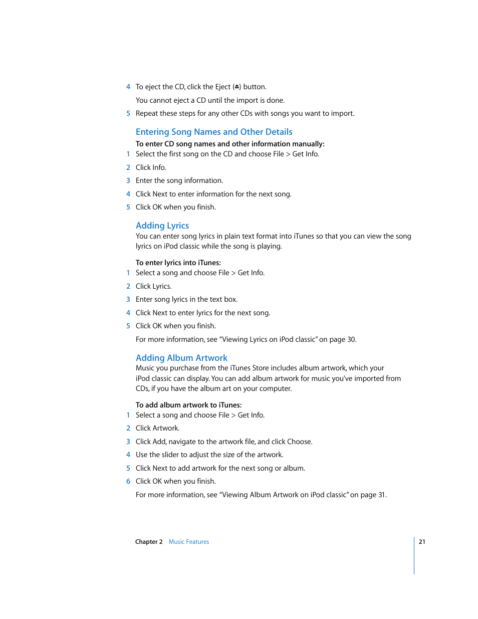 Entering song names and other details, Adding lyrics, Adding album artwork | Apple iPod Classic User Manual | Page 21 / 76