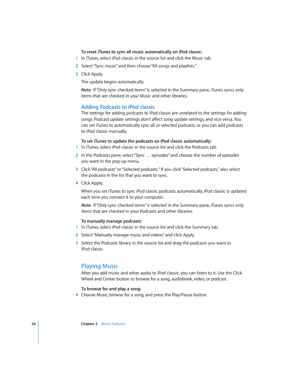 Adding podcasts to ipodclassic, Playing music | Apple iPod Classic User Manual | Page 26 / 76