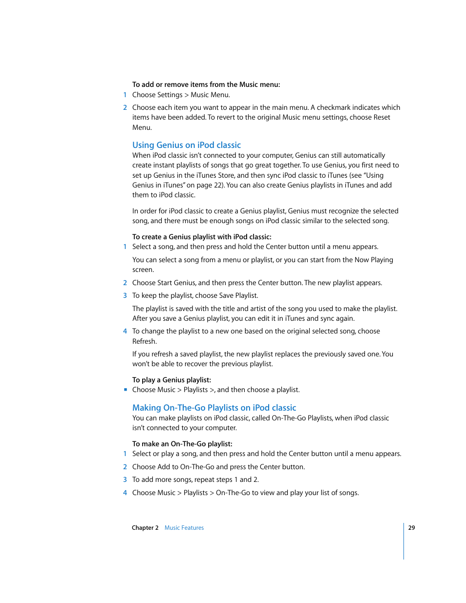Using genius on ipodclassic, Making on-the-go playlists on ipodclassic | Apple iPod Classic User Manual | Page 29 / 76