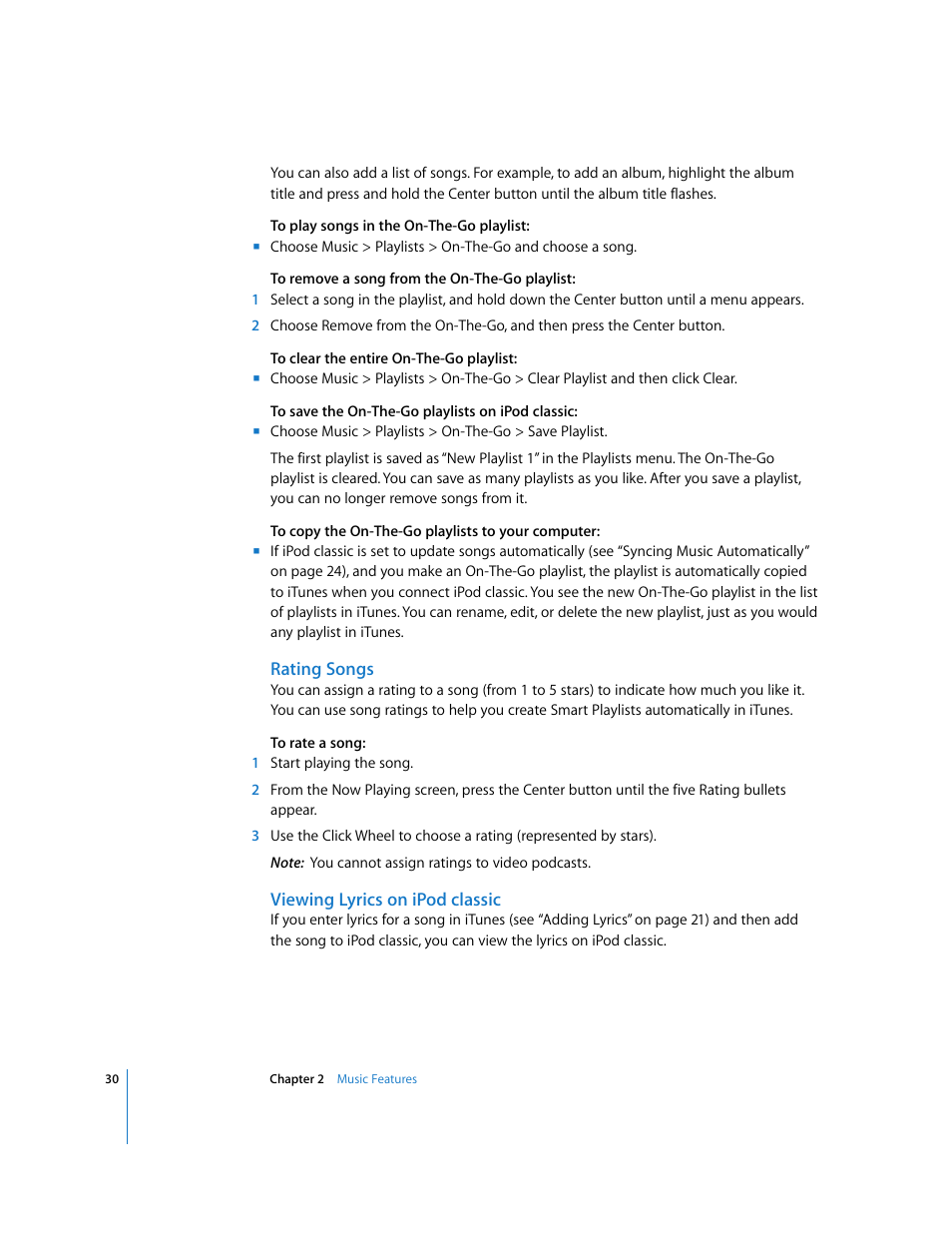 Rating songs, Viewing lyrics on ipodclassic | Apple iPod Classic User Manual | Page 30 / 76