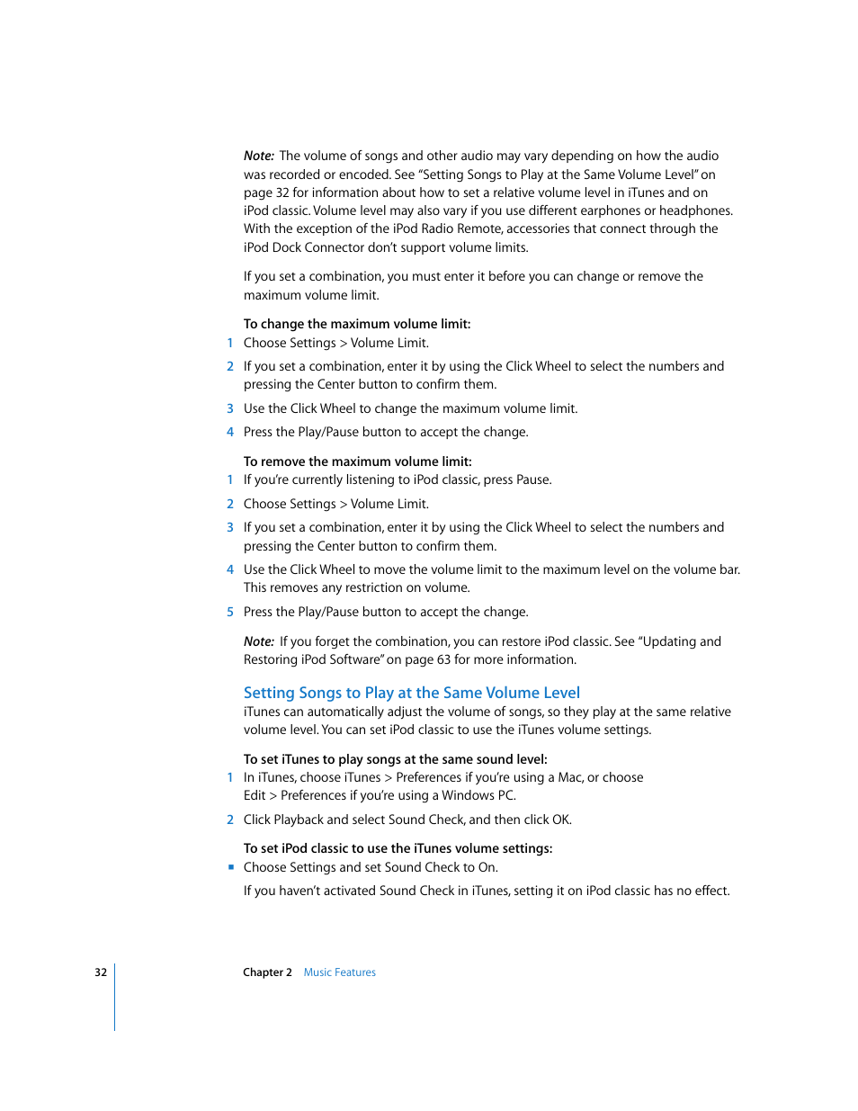 Setting songs to play at the same volume level | Apple iPod Classic User Manual | Page 32 / 76