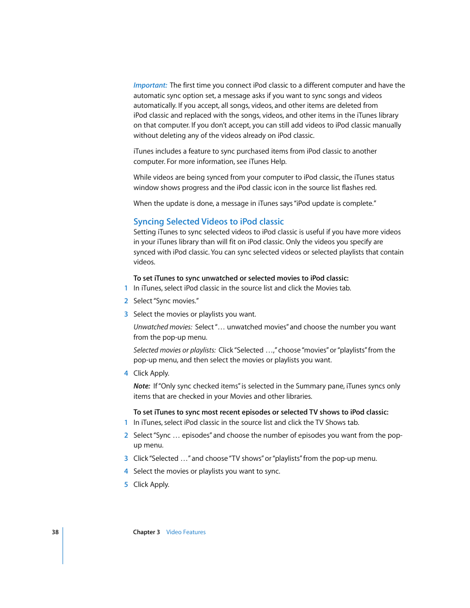 Syncing selected videos to ipodclassic | Apple iPod Classic User Manual | Page 38 / 76
