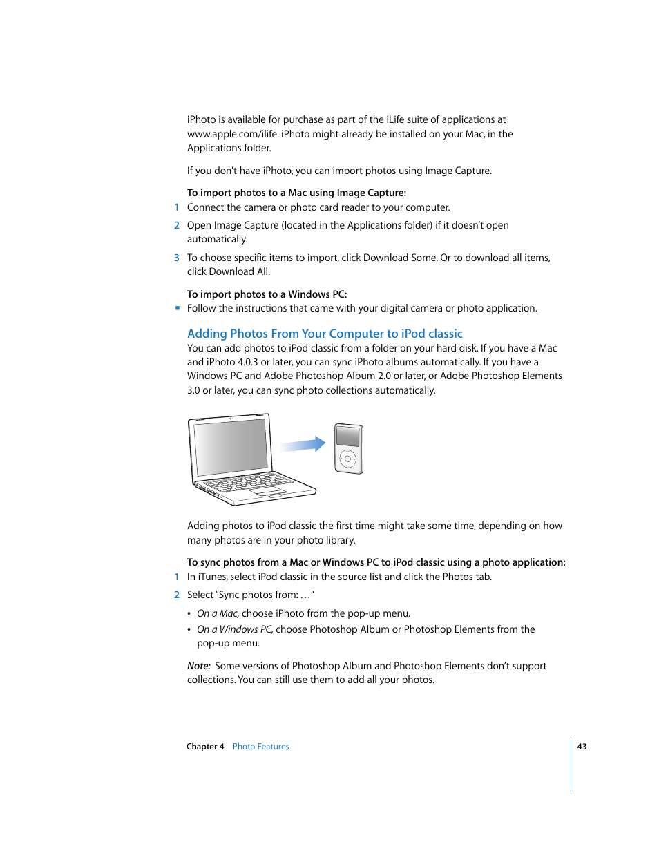 Adding photos from your computer to ipodclassic | Apple iPod Classic User Manual | Page 43 / 76