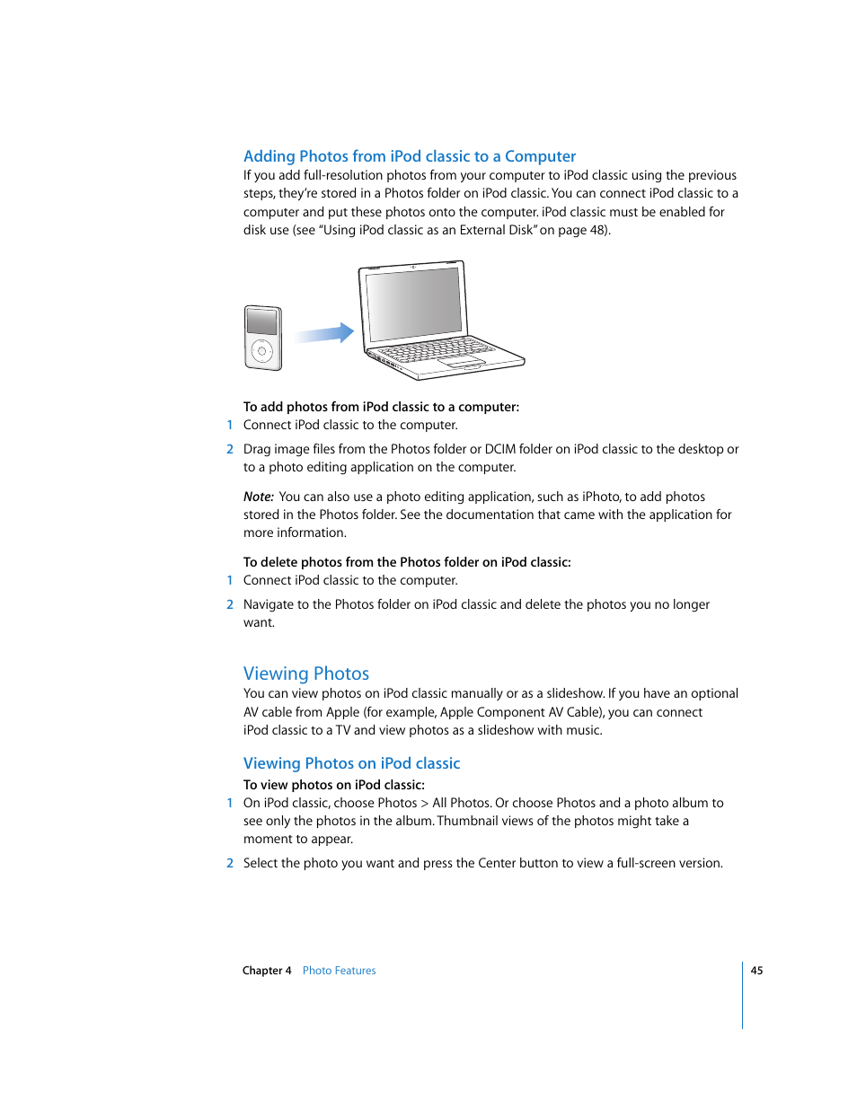 Adding photos from ipodclassic to a computer, Viewing photos, Viewing photos on ipodclassic | Apple iPod Classic User Manual | Page 45 / 76
