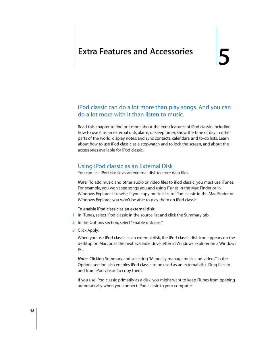 Extra features and accessories, Using ipodclassic as an external disk, Chapter 5 | Apple iPod Classic User Manual | Page 48 / 76