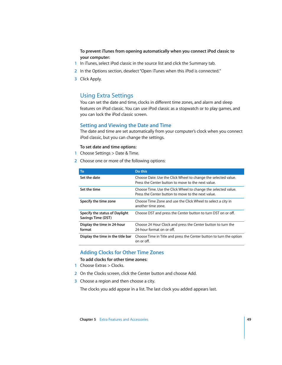 Using extra settings, Setting and viewing the date and time, Adding clocks for other time zones | Apple iPod Classic User Manual | Page 49 / 76