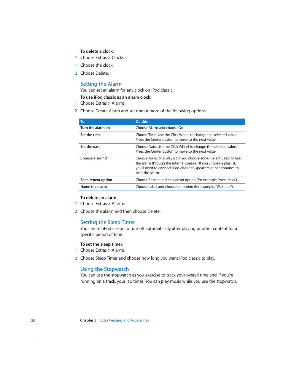 Setting the alarm, Setting the sleep timer, Using the stopwatch | Apple iPod Classic User Manual | Page 50 / 76
