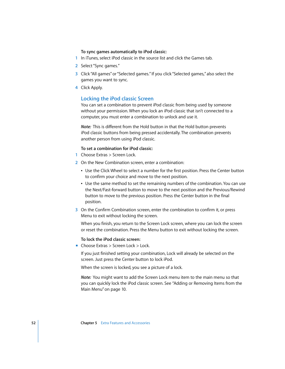 Locking the ipodclassic screen | Apple iPod Classic User Manual | Page 52 / 76