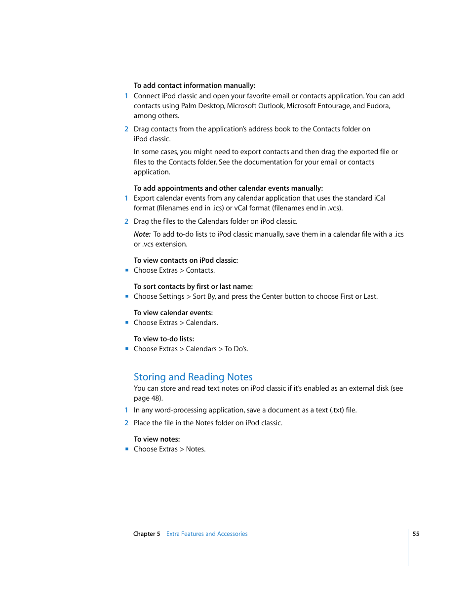 Storing and reading notes | Apple iPod Classic User Manual | Page 55 / 76