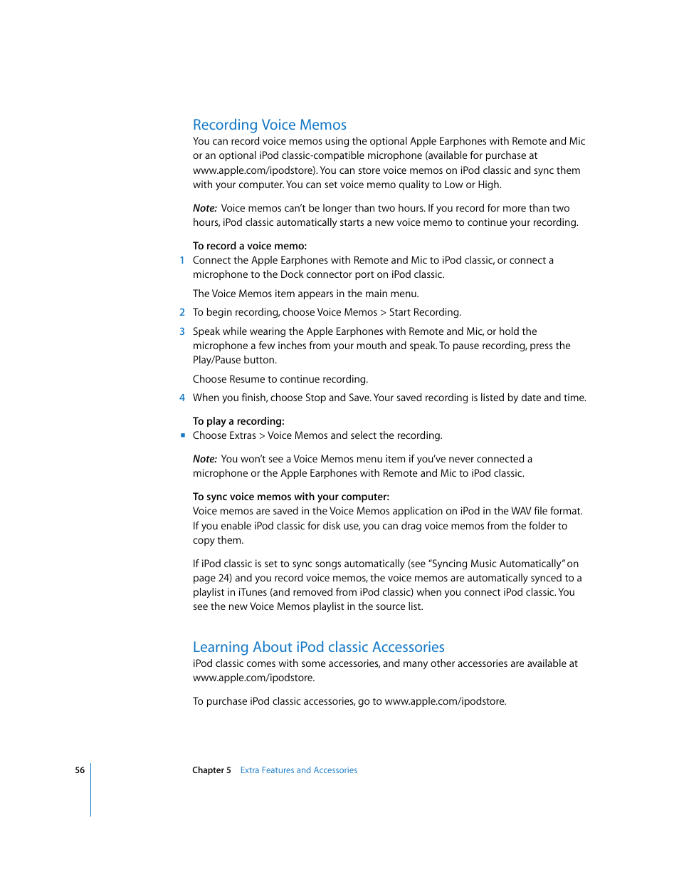 Recording voice memos, Learning about ipodclassic accessories, Learning about ipod classic accessories | Apple iPod Classic User Manual | Page 56 / 76