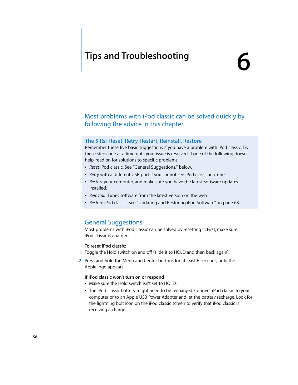 Tips and troubleshooting, General suggestions, Chapter 6 | Apple iPod Classic User Manual | Page 58 / 76