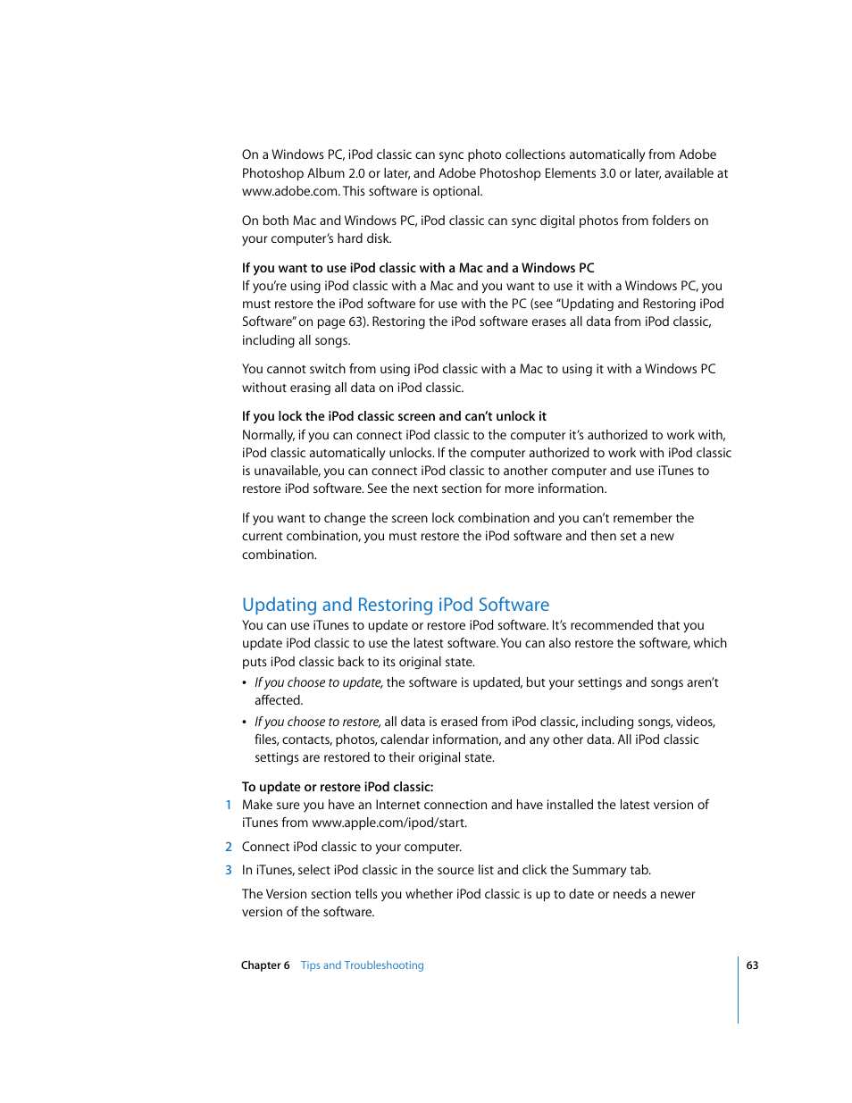 Updating and restoring ipod software | Apple iPod Classic User Manual | Page 63 / 76