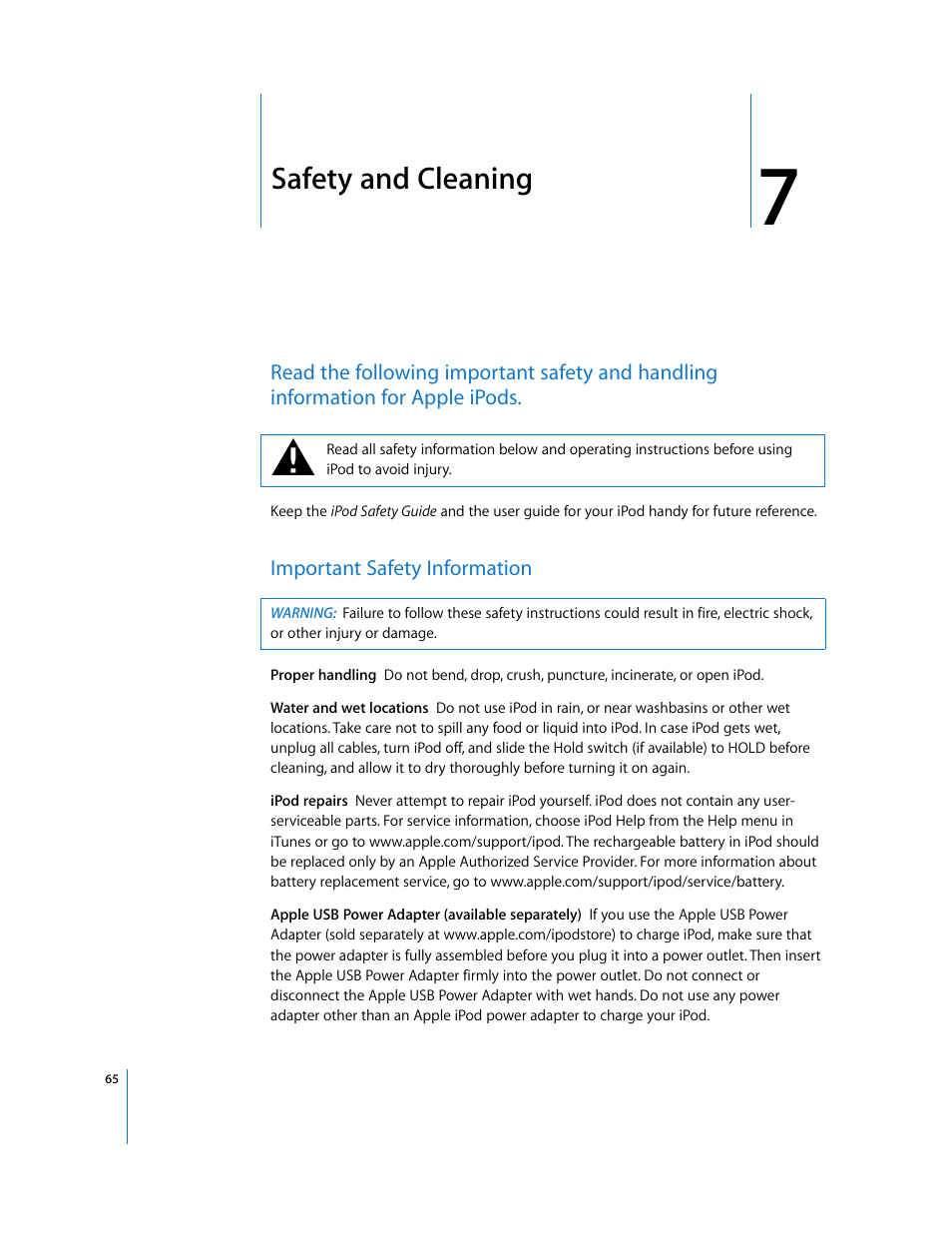Safety and cleaning, Important safety information, Chapter 7 | Apple iPod Classic User Manual | Page 65 / 76