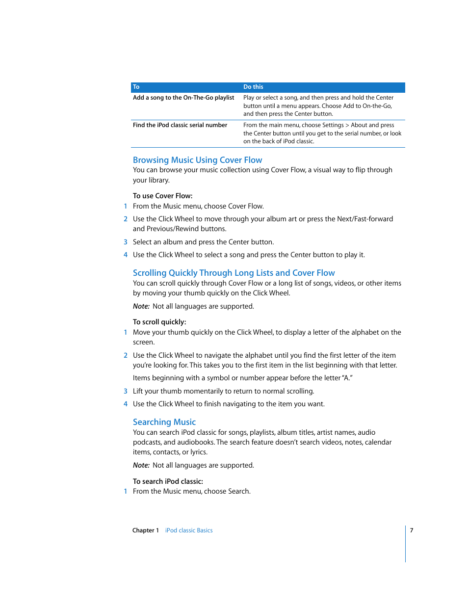 Browsing music using cover flow, Searching music | Apple iPod Classic User Manual | Page 7 / 76