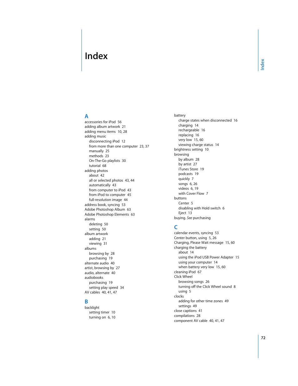 Index | Apple iPod Classic User Manual | Page 72 / 76