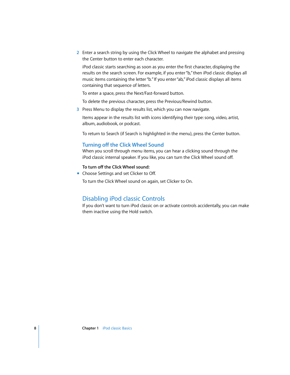 Turning off the click wheel sound, Disabling ipodclassic controls, Disabling ipod classic controls | Apple iPod Classic User Manual | Page 8 / 76
