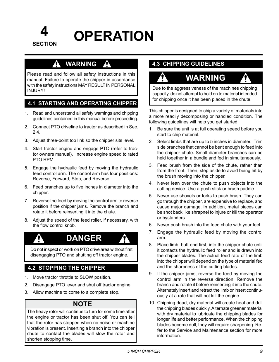 Operation, 1 starting and operating chipper, 2 stopping the chipper | 3 chipping guidelines, 4operation, Warning danger, Warning | Echo 74554 Owners Manual v.3 User Manual | Page 13 / 26