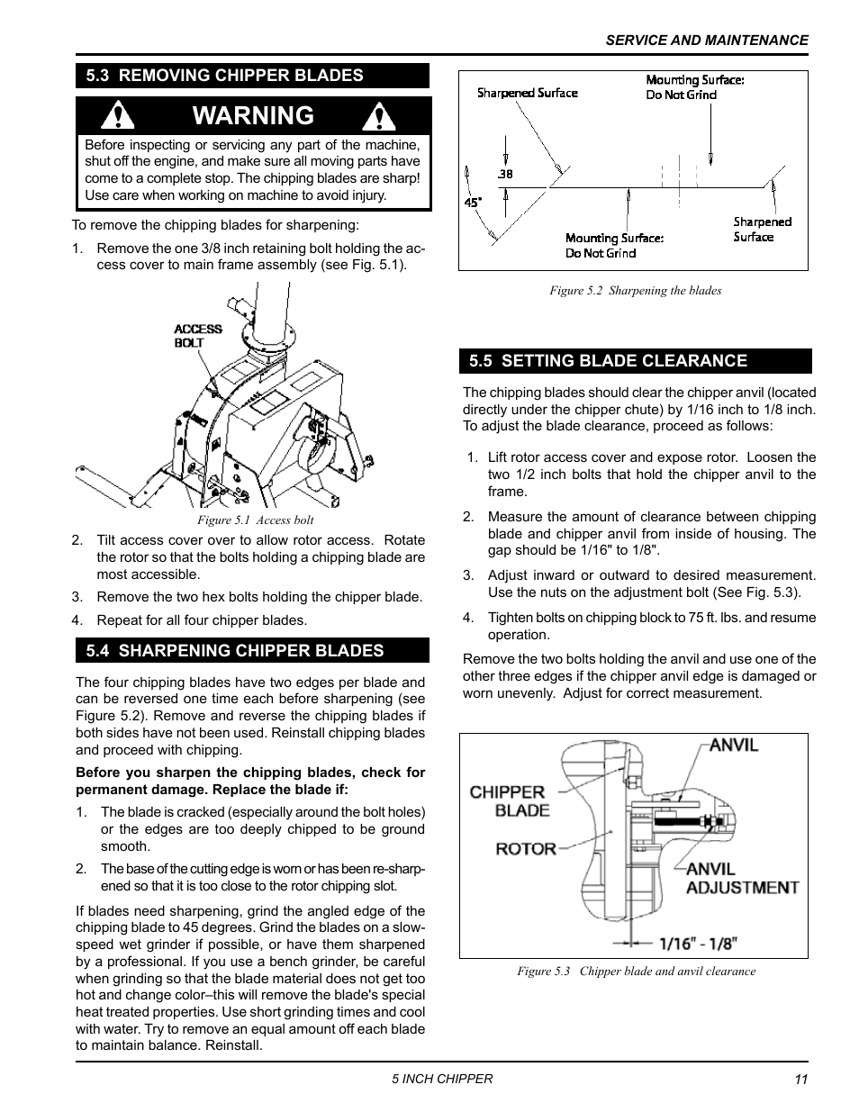 3 removing chipper blades, 4 sharpening chipper blades, 5 setting blade clearance | Warning | Echo 74554 Owners Manual v.3 User Manual | Page 15 / 26