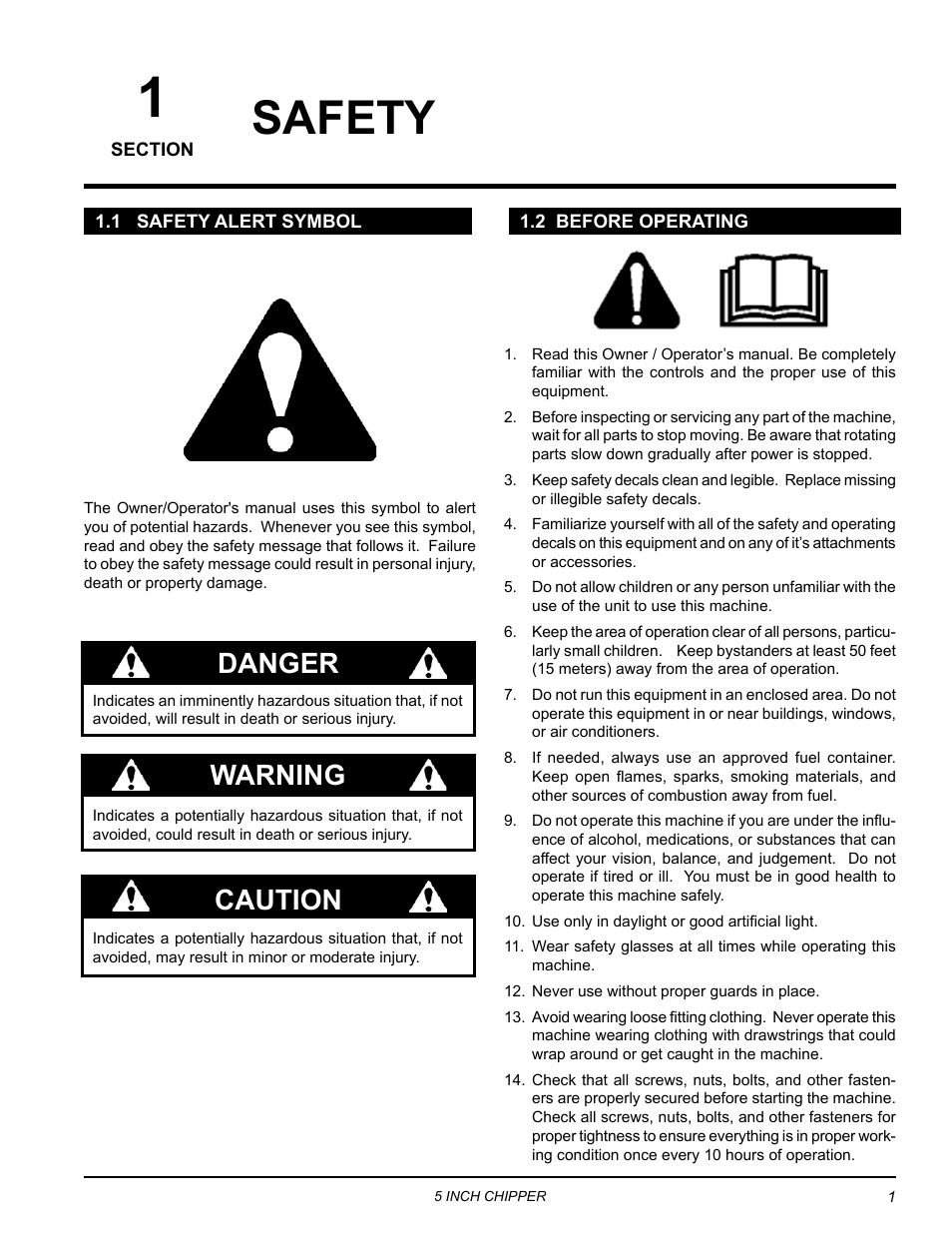 Safety, 1 safety alert symbol, 2 before operating | Warning caution danger | Echo 74554 Owners Manual v.3 User Manual | Page 5 / 26