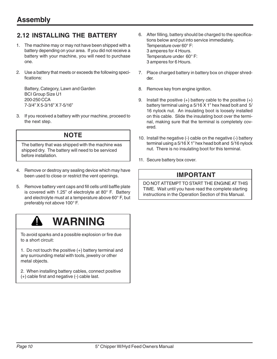 Warning, Assembly, 12 installing the battery | Important | Echo 74520 Owners Manual v.2 User Manual | Page 14 / 36
