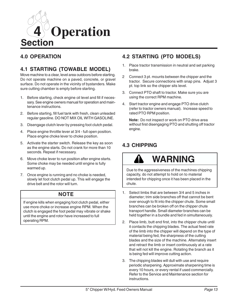 4 operation, Warning | Echo 74520 Owners Manual v.2 User Manual | Page 17 / 36