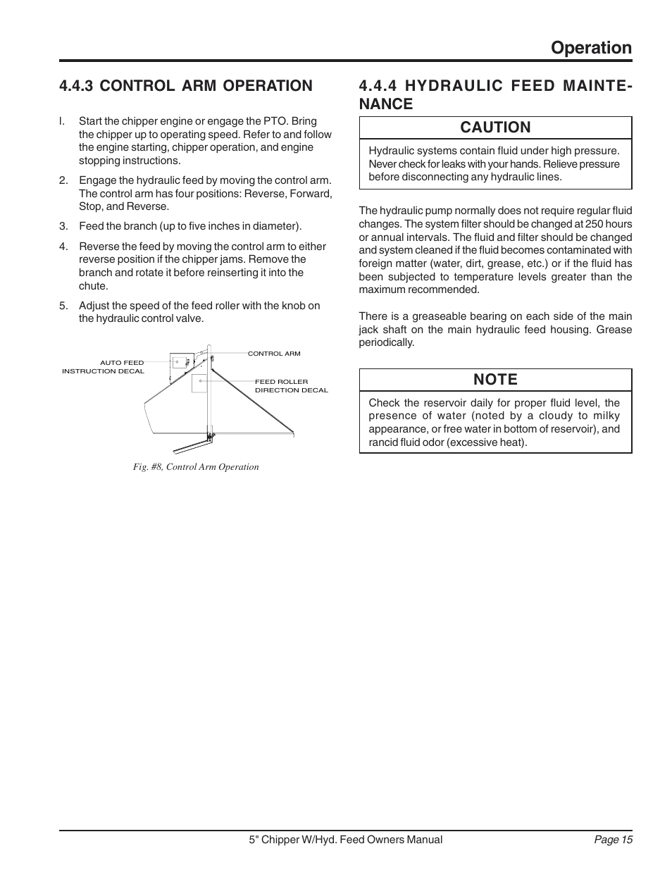 Operation, 3 control arm operation, 4 hydraulic feed mainte- nance | Caution | Echo 74520 Owners Manual v.2 User Manual | Page 19 / 36