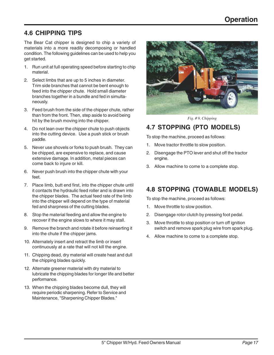 Operation, 6 chipping tips 4.8 stopping (towable models), 7 stopping (pto models) | Echo 74520 Owners Manual v.2 User Manual | Page 21 / 36