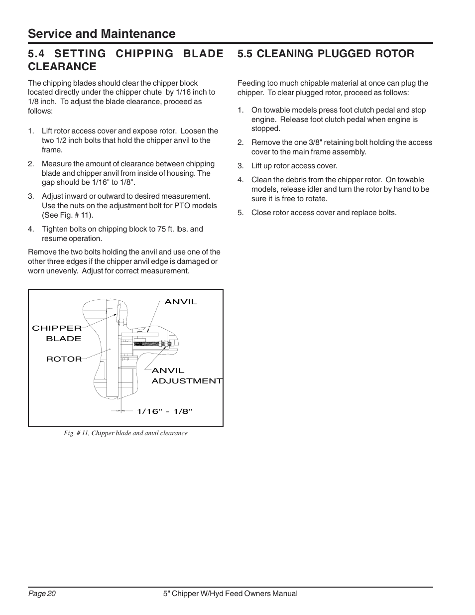 Service and maintenance, 4 setting chipping blade clearance, 5 cleaning plugged rotor | Echo 74520 Owners Manual v.2 User Manual | Page 24 / 36