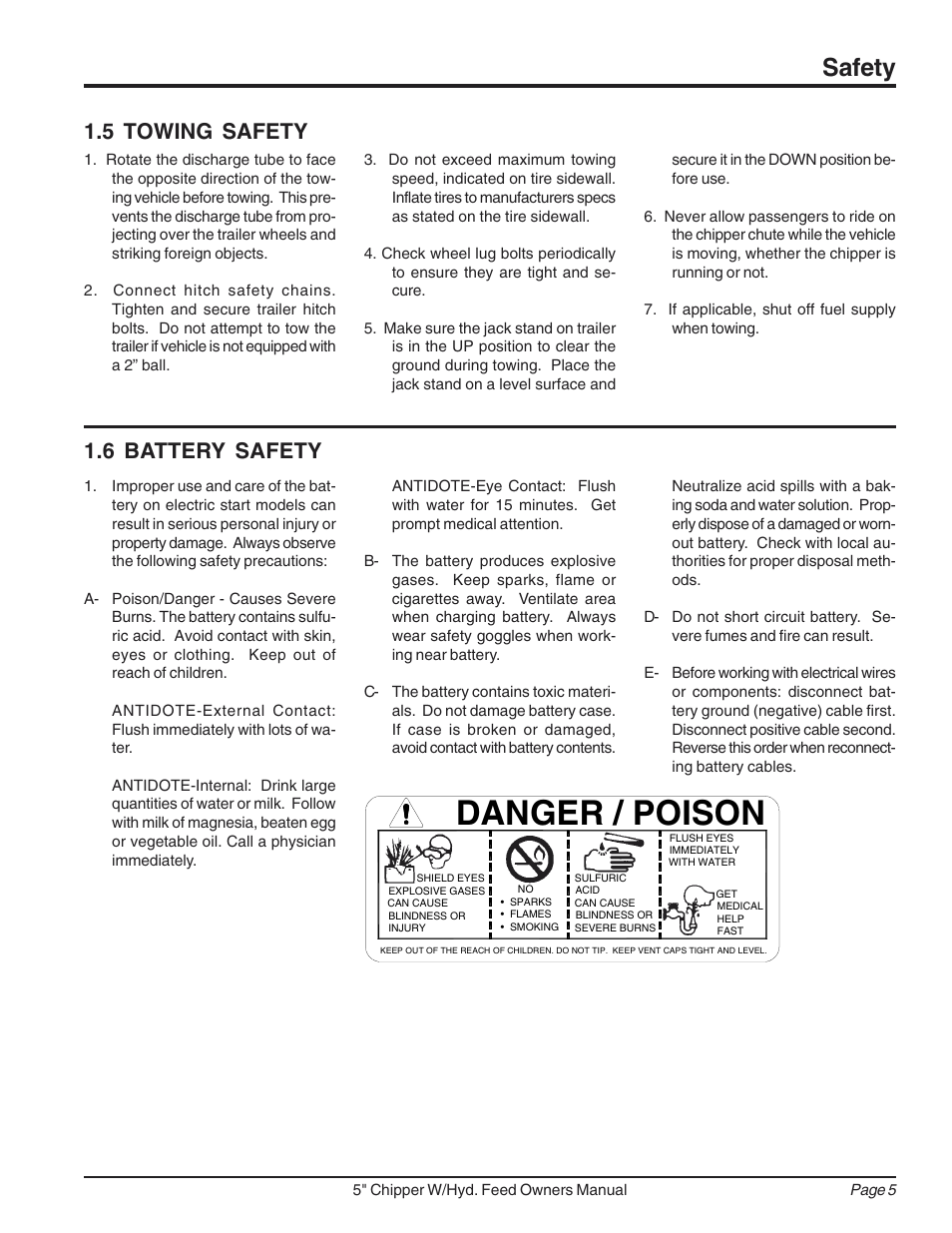 Danger / poison, Safety, 6 battery safety | 5 towing safety | Echo 74520 Owners Manual v.2 User Manual | Page 9 / 36