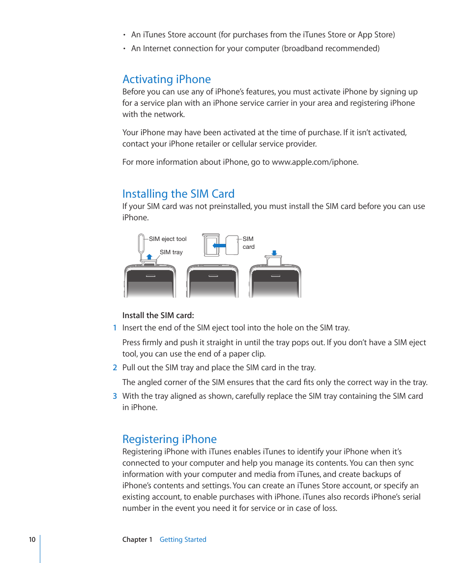 Activating iphone, Installing the sim card, Registering iphone | Apple iPhone OS 3.1 User Manual | Page 10 / 217