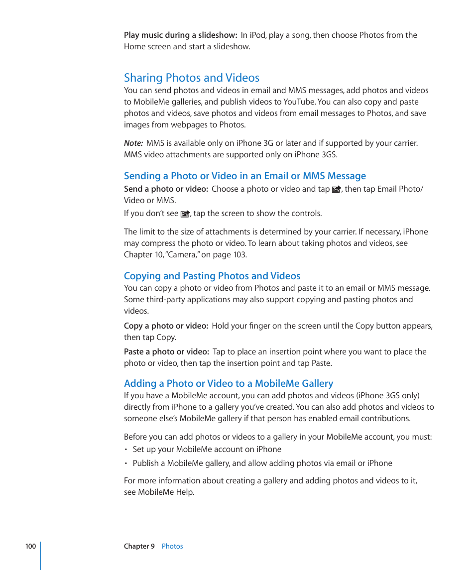 Sharing photos and videos, 100 sharing photos and videos, Copying and pasting photos and videos | Adding a photo or video to a mobileme gallery | Apple iPhone OS 3.1 User Manual | Page 100 / 217