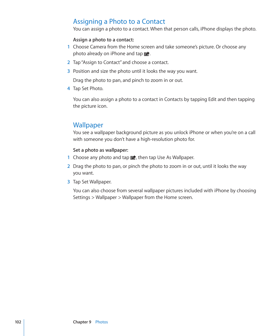 Assigning a photo to a contact, Wallpaper, 102 assigning a photo to a contact 102 wallpaper | Apple iPhone OS 3.1 User Manual | Page 102 / 217